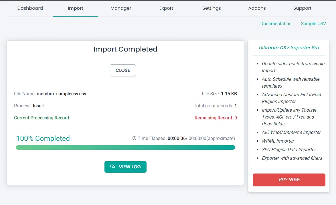 csv importer free import completed page
