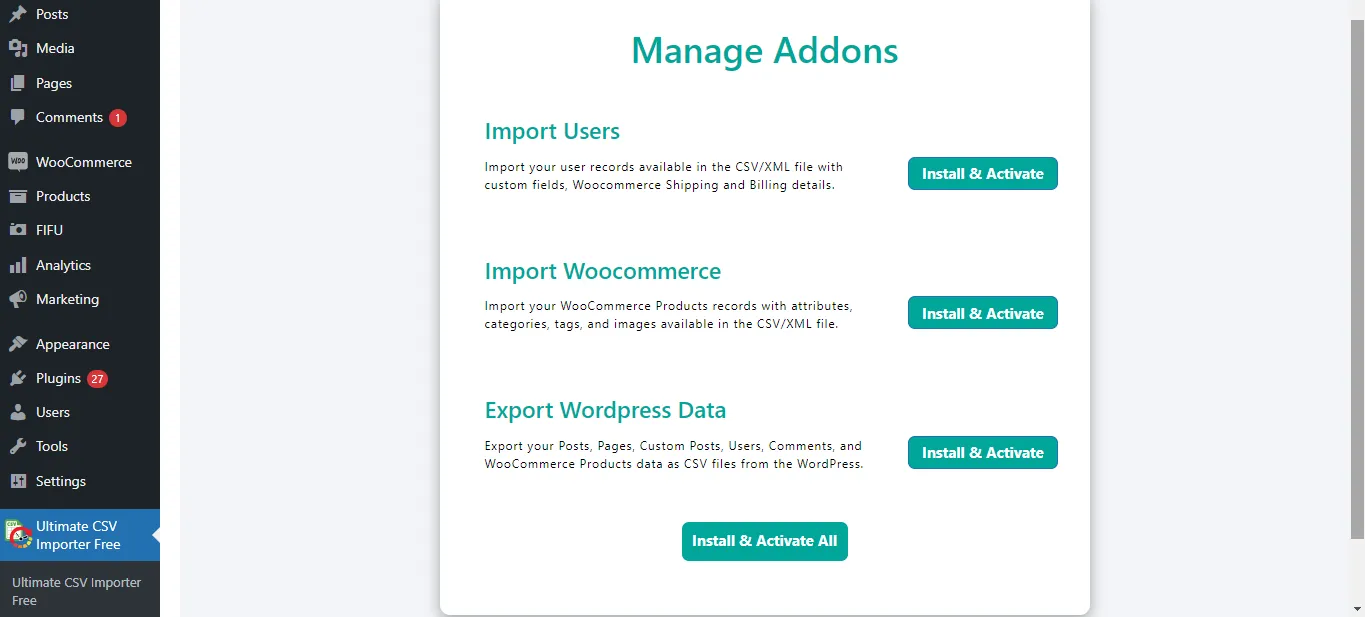 manage addons page csv importer free 8
