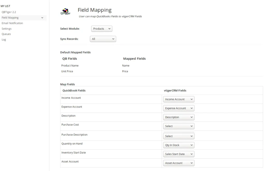 Vtiger7 QuickBooks Mapping Field