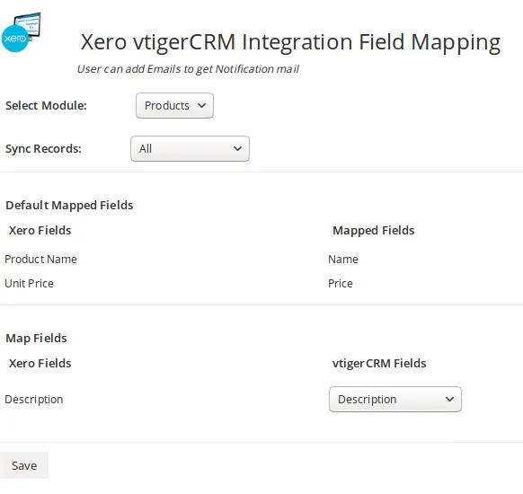 Vtiger7 Xero Field Mapping