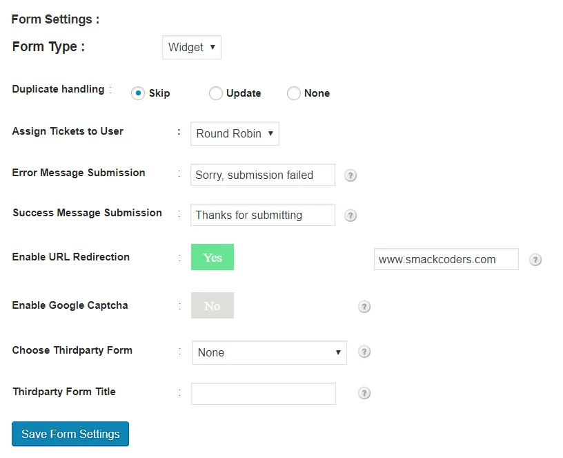 form settings helpdesk integration