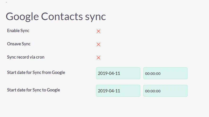 suitecrm google contacts sync settings