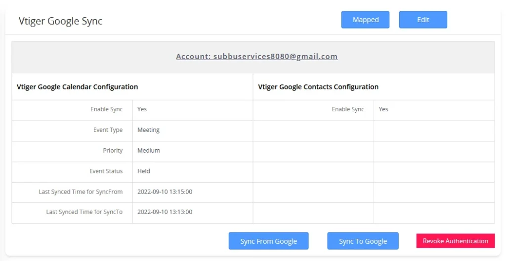 vtigercrm google calendar sync configuration