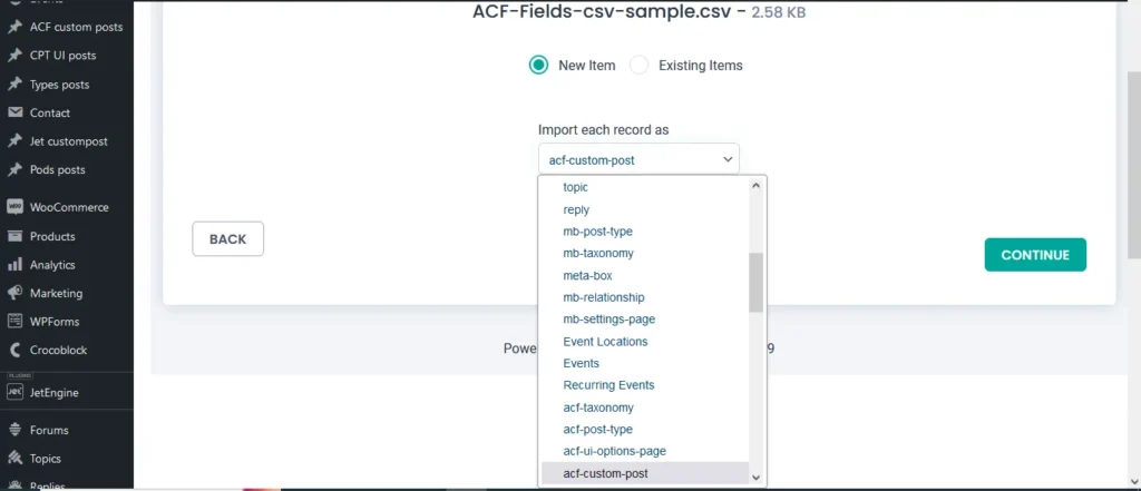 import and export csv ACF custom post types