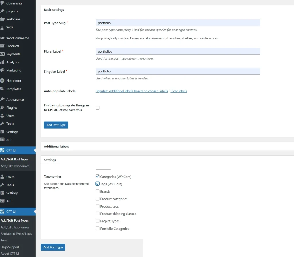 cpt-ui-create-portfolio-post-type-screen