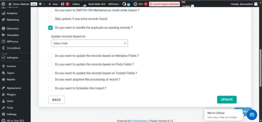 WordPress-CSV-update-duplicate-record-handling-settings-screen