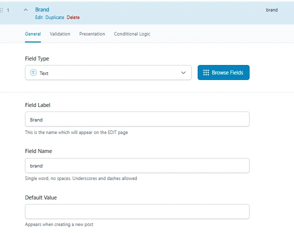 ACF-field-group-brand-text-field-settings-screen
