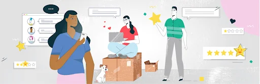 Illustrated customer review and feedback scene featuring people interacting with products, chat bubbles, star ratings, and review elements, representing customer engagement and WooCommerce product reviews.