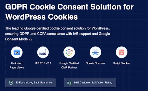 Dark blue promotional banner for GDPR Cookie Consent Solution for WordPress Cookies, highlighting GDPR and CCPA compliance, Google-certified consent management, cookie scanning, script blocking, and customer satisfaction guarantees with feature icons and badges.