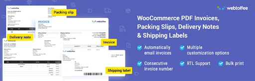 Purple promotional banner for WooCommerce PDF Invoices, Packing Slips, Delivery Notes & Shipping Labels by WebToffee, featuring sample invoice documents, labeled shipping paperwork, and highlights such as automatic email invoices, RTL support, bulk printing, and customizable invoice numbering.