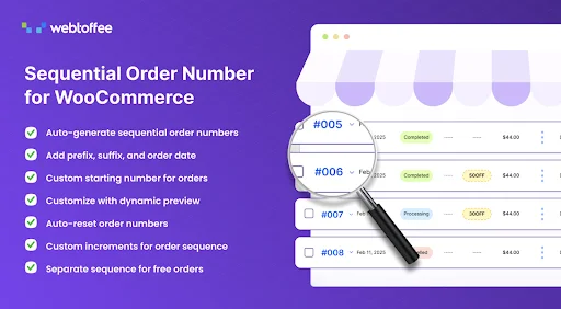 Purple promotional banner for Sequential Order Number for WooCommerce by WebToffee, featuring customizable sequential order IDs, auto-generated numbering options, prefix and suffix settings, and an order management dashboard with a magnifying glass highlighting order numbers.