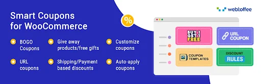 Blue promotional banner for Smart Coupons for WooCommerce by WebToffee, highlighting features like BOGO coupons, URL coupons, shipping/payment-based discounts, customizable coupons, and auto-apply discount rules with illustrated coupon templates and UI elements.