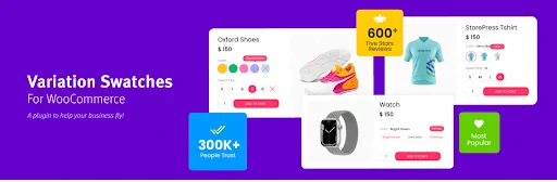 Purple promotional banner for Variation Swatches for WooCommerce, featuring colorful product swatches, customizable product options, clothing and smartwatch product previews, customer trust badges, and interactive WooCommerce product selection elements.