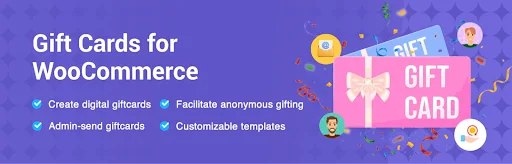 Purple promotional banner for WooCommerce Gift Cards plugin, featuring customizable digital gift cards, gifting options, admin-sent gift cards, and festive illustrations with confetti and user icons.