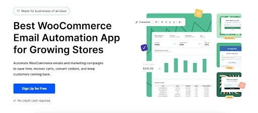 Promotional banner for a WooCommerce email automation app, featuring marketing analytics dashboards, campaign widgets, and the headline “Best WooCommerce Email Automation App for Growing Stores” with a call-to-action button to sign up for free.
