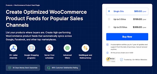Dark blue promotional banner for WooCommerce Product Feed plugin, featuring optimized product feed creation for Google Shopping, Facebook, and other sales channels, along with pricing plans, multilingual support, advanced filters, and marketplace integration icons.