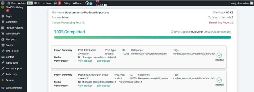 WooCommerce-products-CSV-import-100-percent-completed-summary-screen