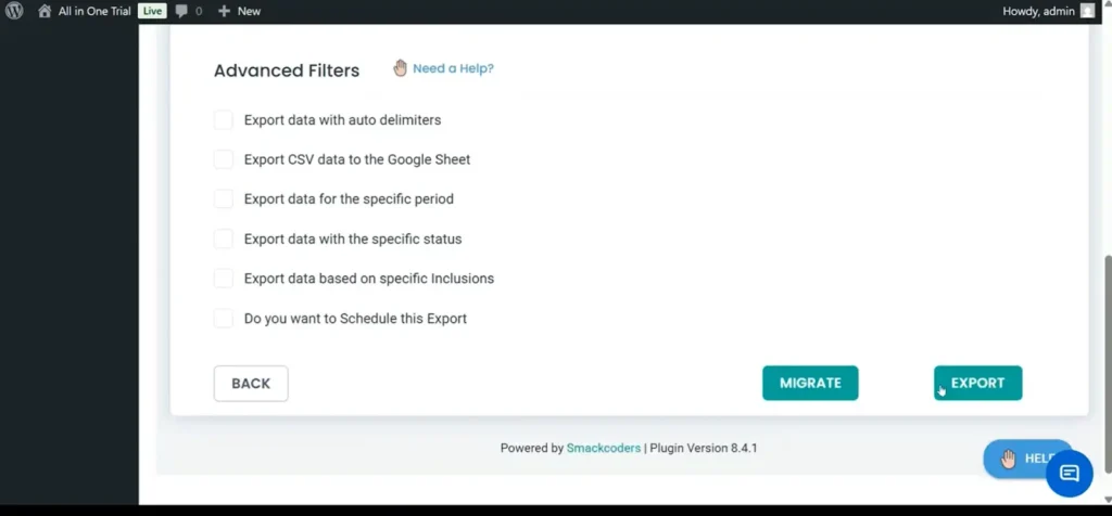 WordPress-CSV-export-advanced-filters-export-button-screen