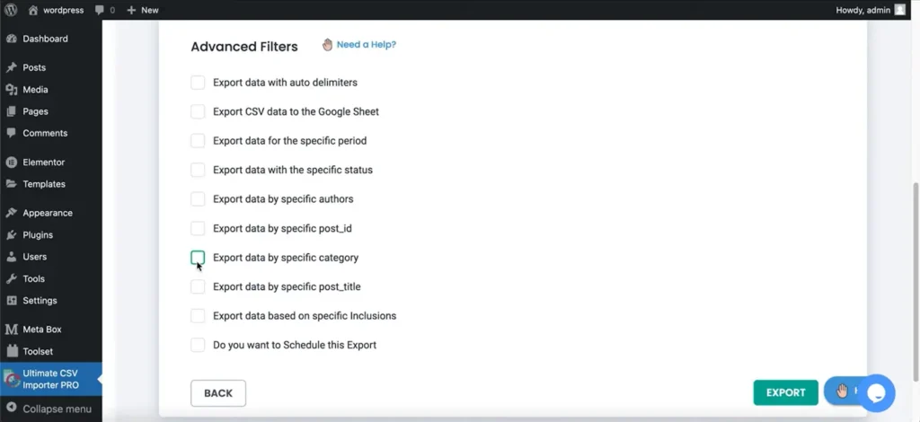 WordPress-CSV-export-advanced-filters-settings-screen