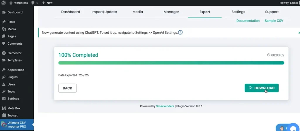 WordPress-CSV-export-completed-download-screen