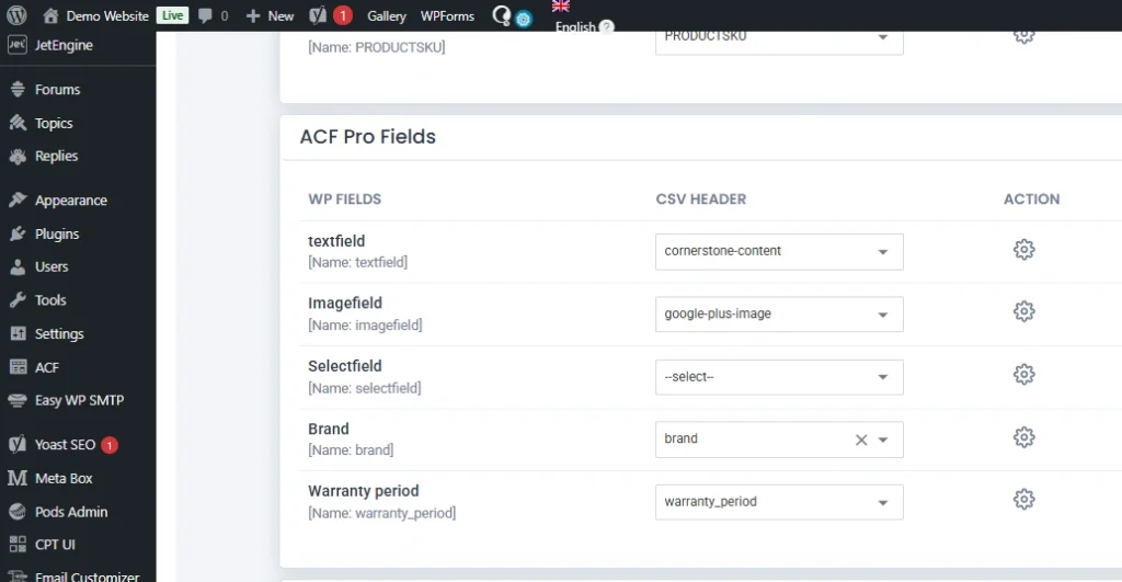 WordPress-CSV-import-ACF-Pro-fields-mapping-screen
