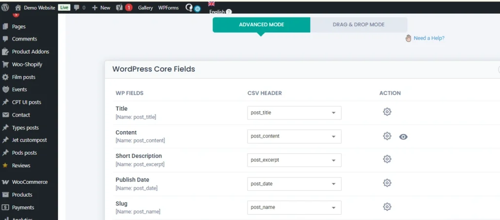 WordPress-CSV-import-advanced-mode-field-mapping-screen