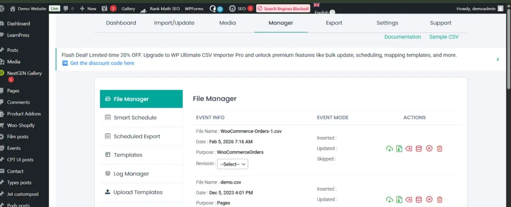 WordPress-CSV-import-file-manager-and-scheduled-jobs-screen
