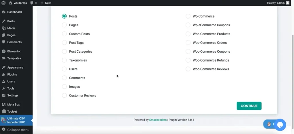 WordPress-CSV-import-select-post-type-screen