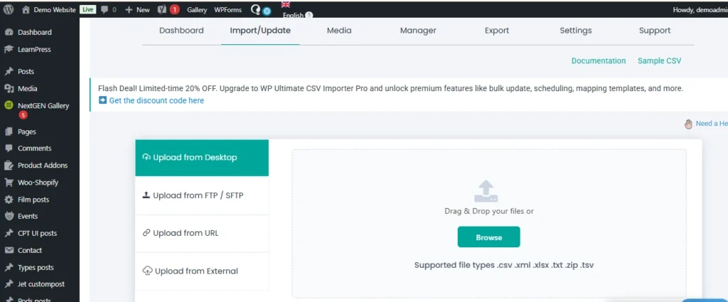 WordPress-CSV-import-upload-from-desktop-admin-screen