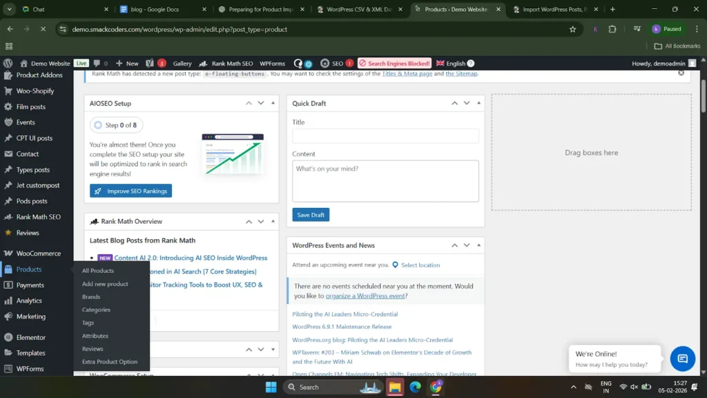 WordPress-dashboard-products-menu-and-quick-draft-widget-screen