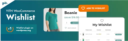 Teal promotional banner for YITH WooCommerce Wishlist plugin, featuring a product page with a “Add to Wishlist” button, a wishlist management interface, and a sample product listing for saved WooCommerce items.