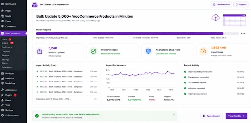 Bulk WooCommerce product import dashboard showing import progress, inventory sync, duplicate SKU detection, and import performance analytics