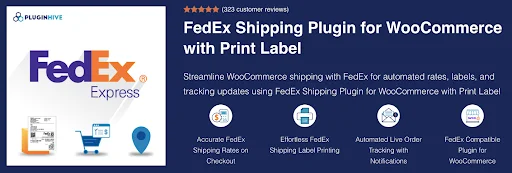 Dark blue promotional banner for FedEx Shipping Plugin for WooCommerce with Print Label by PluginHive, featuring FedEx Express branding, shipping and tracking icons, automated label printing, live order tracking notifications, and WooCommerce shipping integration features.