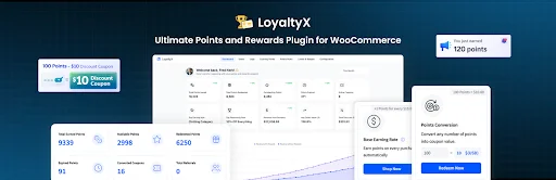 Dark-themed promotional banner for LoyaltyX WooCommerce loyalty and rewards plugin, featuring a customer rewards dashboard, points redemption system, discount coupon notifications, and analytics widgets for loyalty program management.