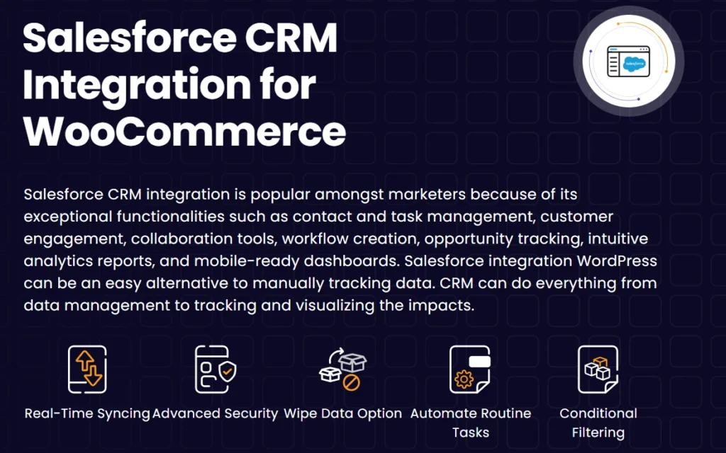 Salesforce CRM integration for WooCommerce with real-time syncing, advanced security, and automation features