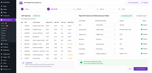 WooCommerce CSV field mapping interface for matching product columns to WooCommerce product fields