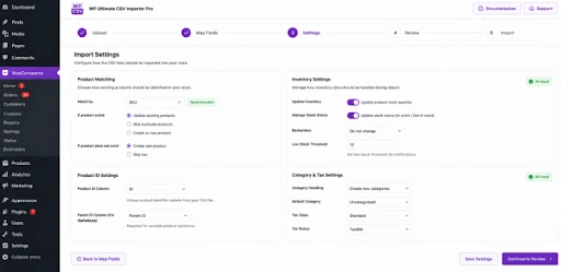 WooCommerce CSV import settings screen showing SKU matching, inventory updates, and category mapping configuration