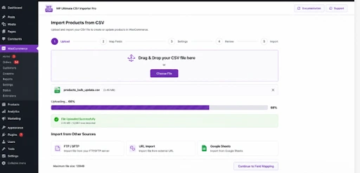 WP Ultimate CSV Importer Pro WooCommerce CSV upload screen with drag and drop import options