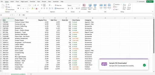 WooCommerce CSV product import template with SKU, stock, price, and category columns for bulk product updates