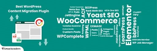 Illustration promoting the “Best WordPress Content Migration Plugin” featuring WP Ultimate CSV Importer PRO, WooCommerce, Yoast SEO, Elementor, and other popular WordPress plugins in a green-themed design with migration arrows and dashboard graphics.