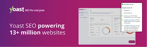 Pink promotional banner for Yoast SEO, featuring the slogan “SEO for everyone,” a website analytics dashboard, readability analysis panel, and the text “Yoast SEO powering 13+ million websites.”