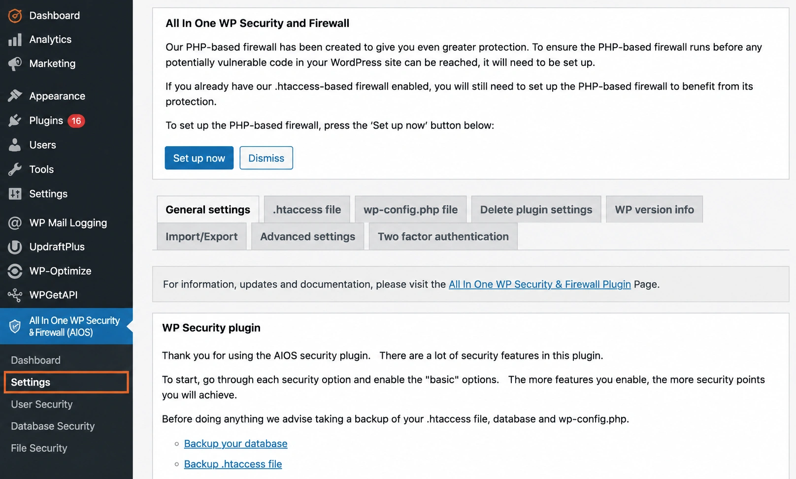 All In One WP Security and Firewall plugin settings dashboard showing PHP-based firewall setup, general settings, and two factor authentication options