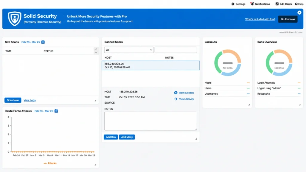 Solid Security formerly iThemes Security dashboard showing site scans, brute force attacks, banned users, and lockouts overview