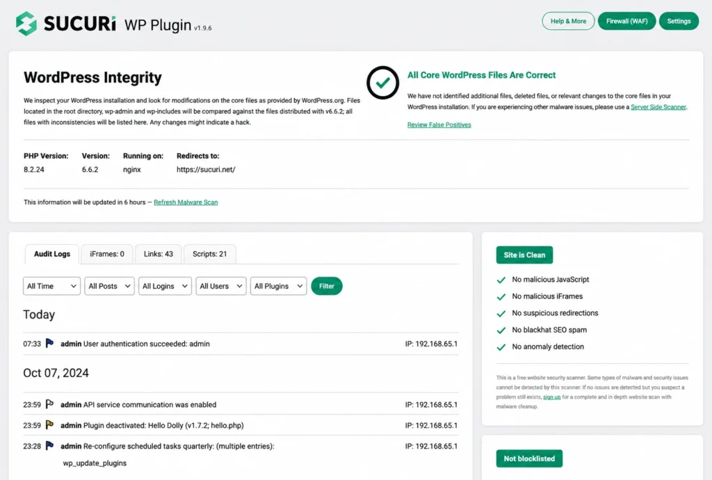 Sucuri Security plugin dashboard showing WordPress integrity check, audit logs, and site clean status
