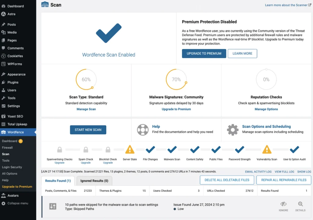 Wordfence Security scan dashboard showing malware scan results, scan type, and premium upgrade option in WordPress