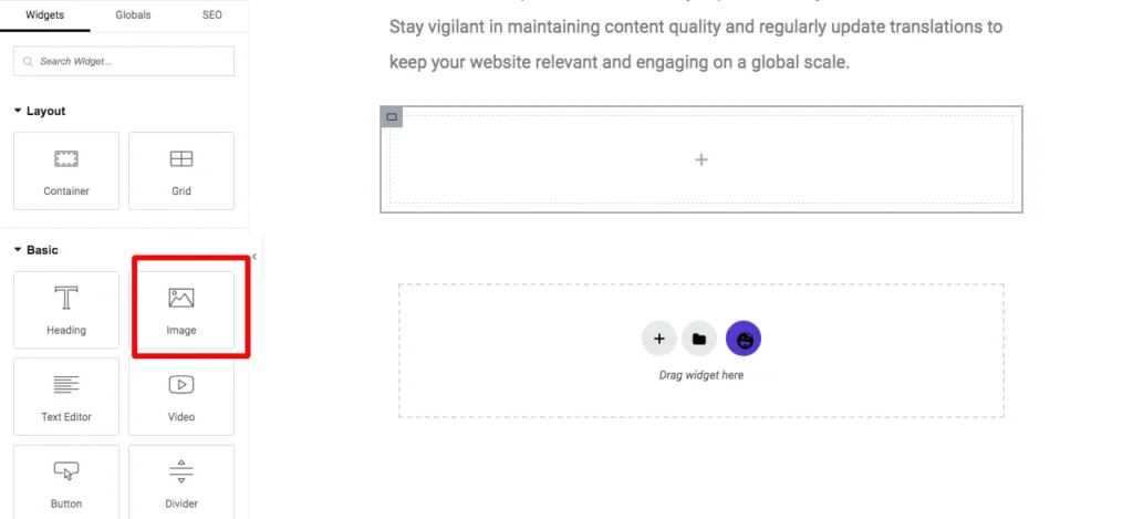 Selecting the Image widget inside the Elementor editor
