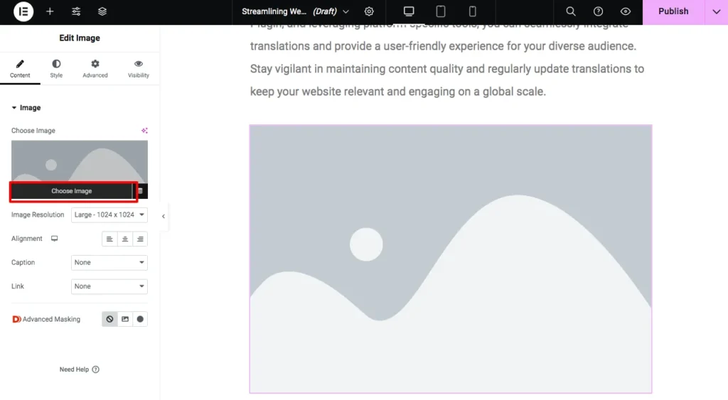 Clicking the Choose Image button in Elementor image settings