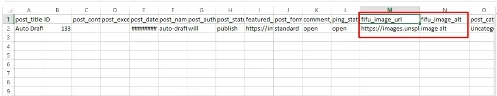 CSV file containing FIFU image URL and image alt text fields for WordPress import