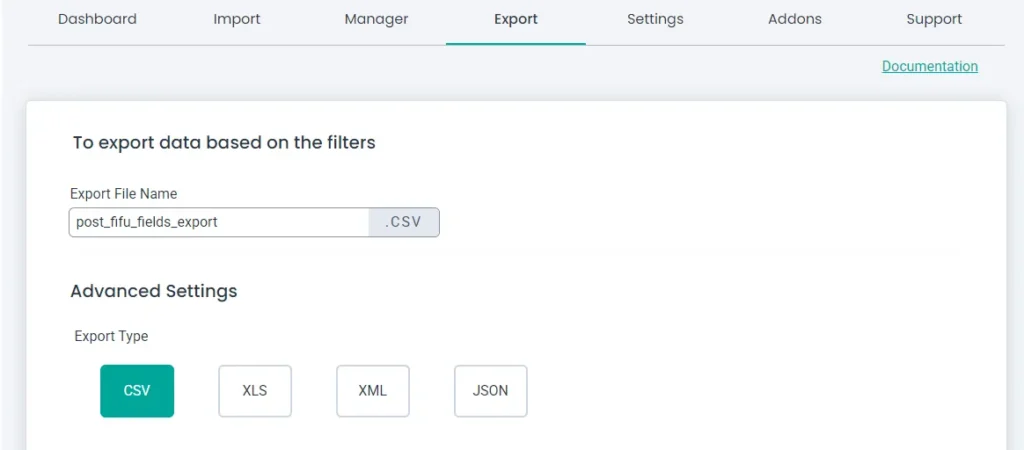 Export settings screen for downloading FIFU field data as a CSV file
