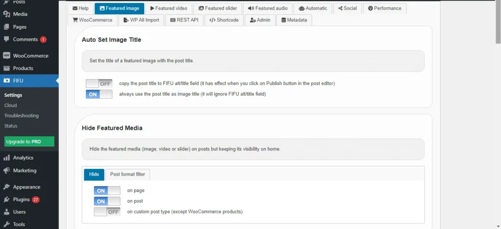 FIFU plugin settings for auto image title and hiding featured media in WordPress